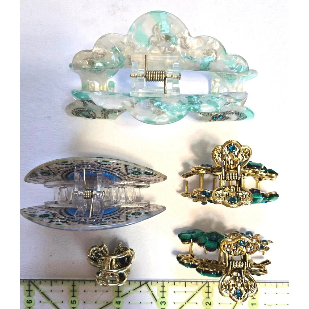 Boho Hair Claw Clip‎ Set 5pc Evil Eye Dragon Butterfly Floral Green Blue Gold